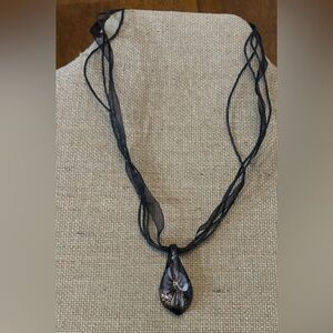 Necklace Art Glass  Flower Pendant blown Black & White/copper
